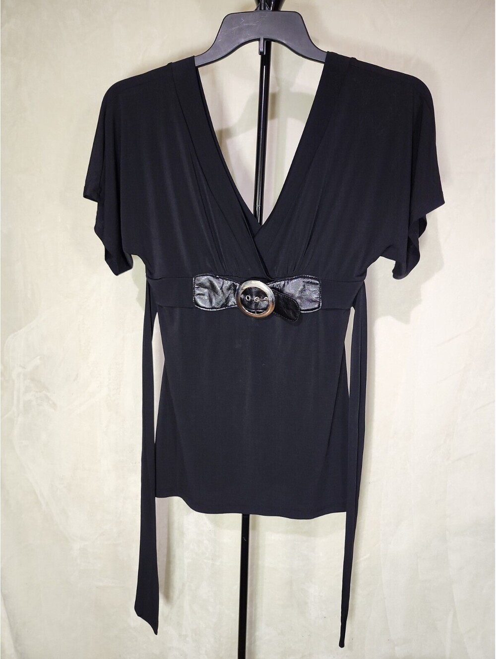 Fredricks of Hollywood Sexy Black Blouse M Cinch Tie Faux Belt Y2K Vintage 208